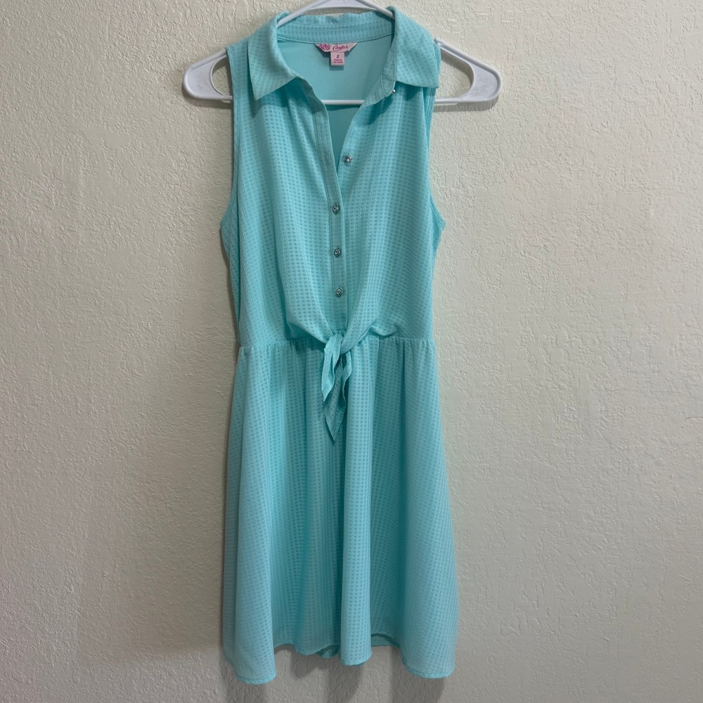 Candie's Womens Aqua Blue Textured Button Front Tie Waist Sleeveless Dress S Y2K